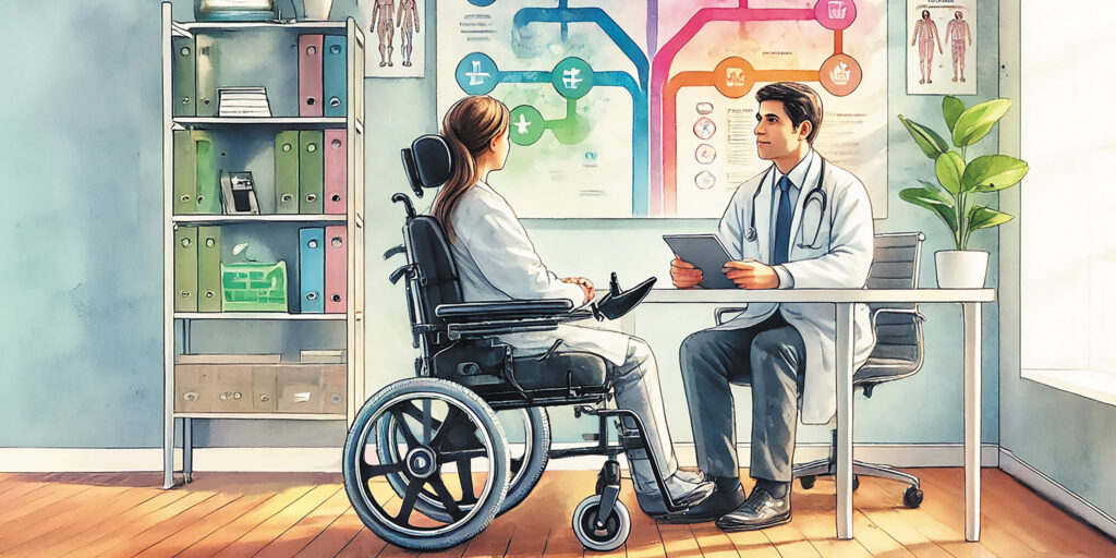 Illustration of a male doctor seated at a desk and a female patient seated across from him in a power wheelchair.