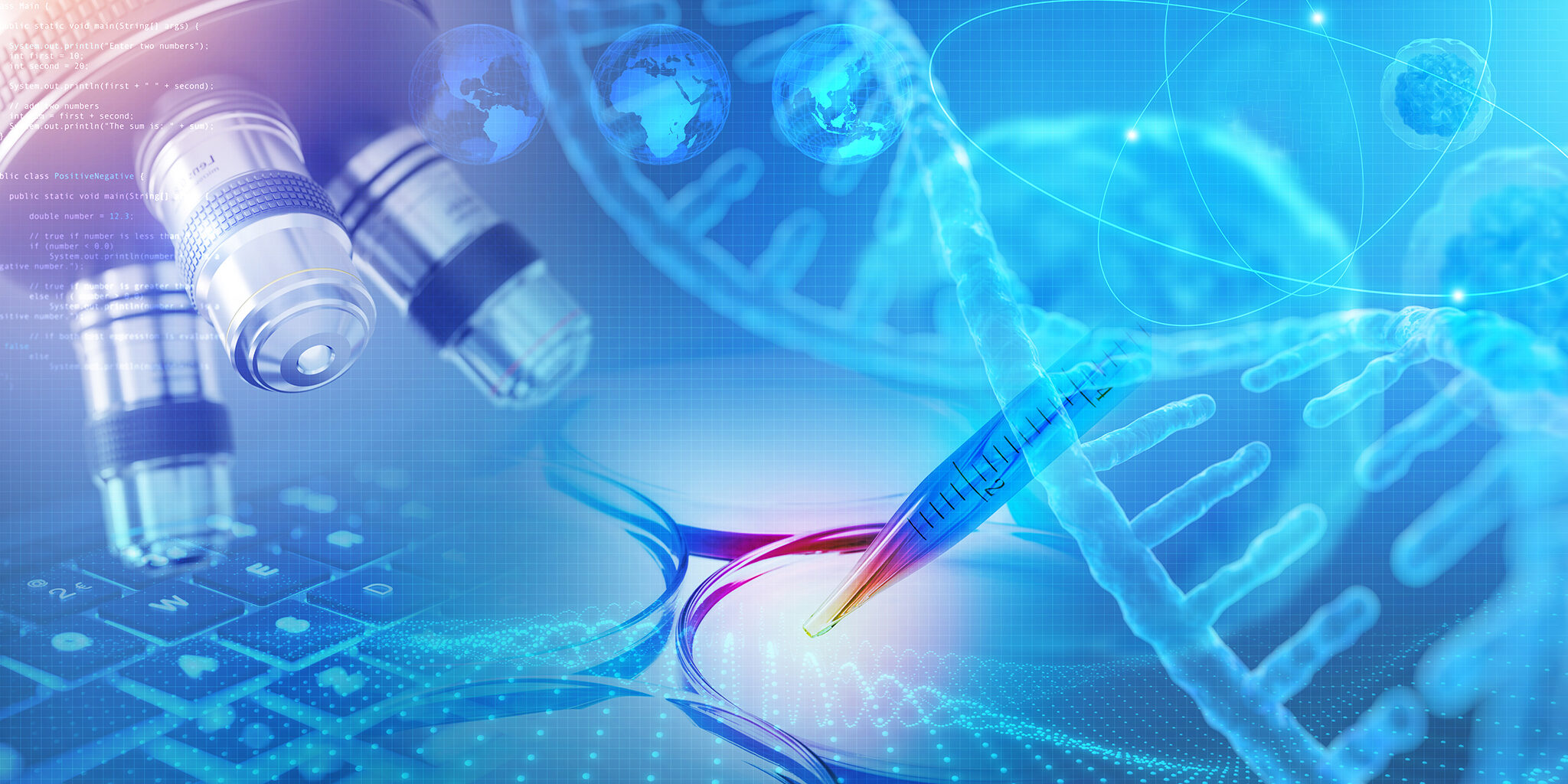 Composite image of scientific lab instruments: a microscope, a pipette, petri dishes, and a computer keyboard.