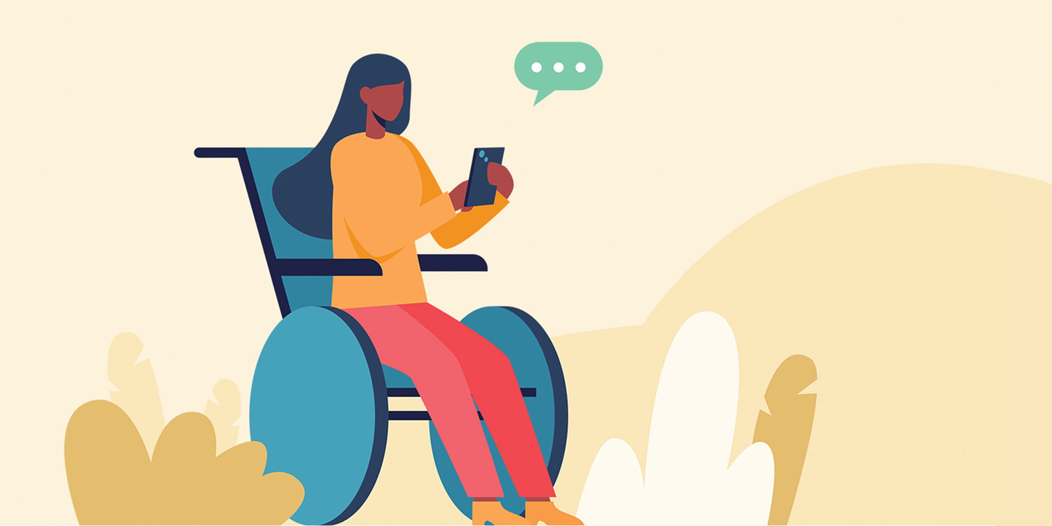 Illustration of a woman sitting in a wheelchair holding a cell phone with a texting bubble beside it.