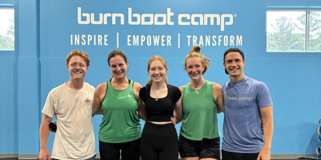 at burn with family in workout clothes: from left to right: Bryce Pattison (boyfriend), Ann Lopiccolo (mom-burn ambassador), Grace LoPiccolo (me), Molly Graf (sister), Stephen Graf (brother-in-law- trainer)