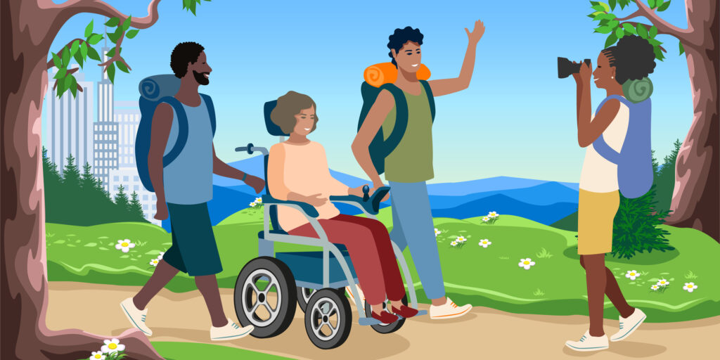 Vector drawing of young woman with an electric wheelchair walking outside the city with her friends.