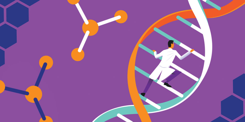 Illustration of a researcher in a white lab coat climbing a ladder shaped like a DNA helix.