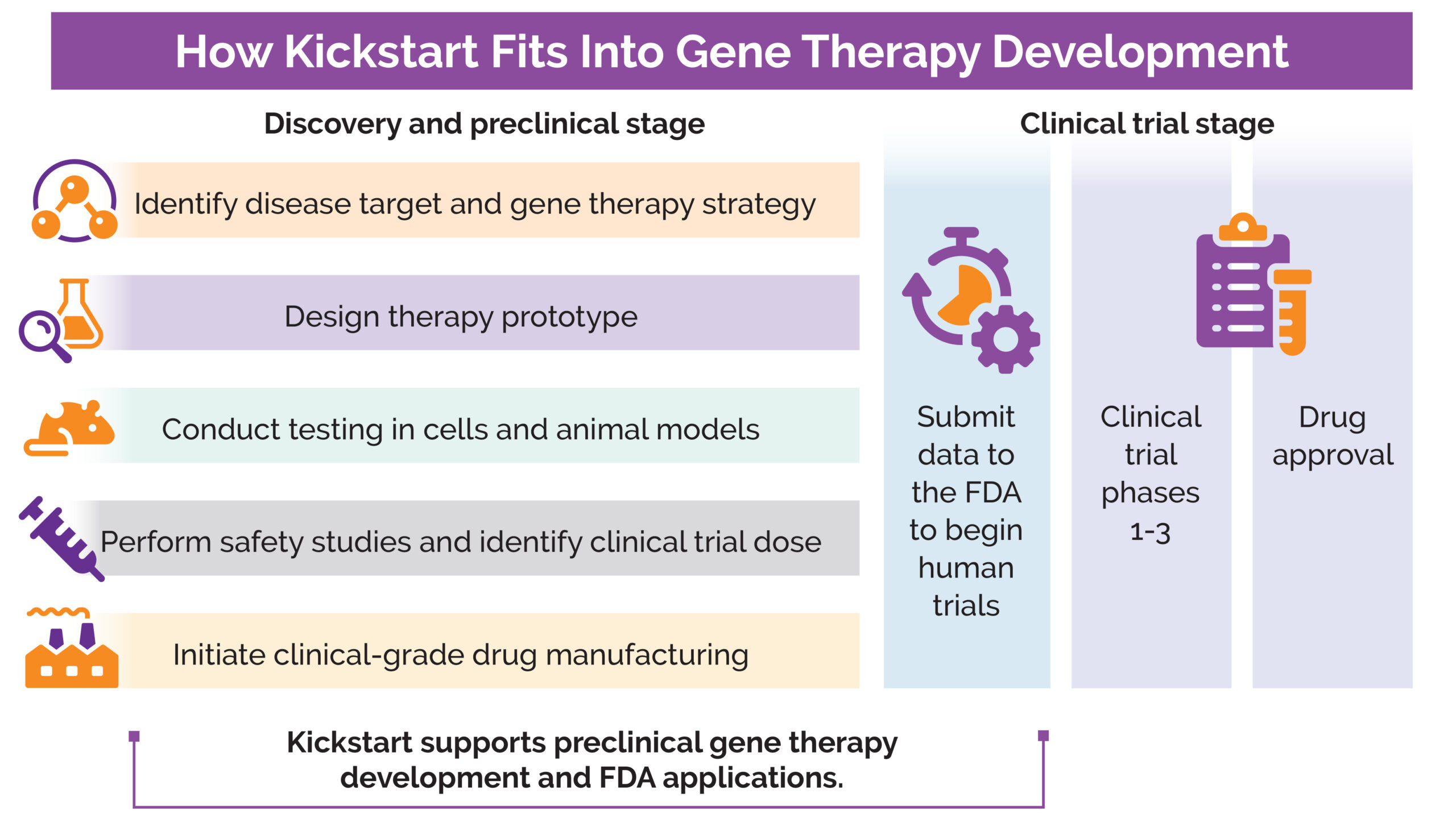 Chart titled How Kickstart Fits Into Gene Therapy Development shows two stages: preclinical and clinical trials. Kickstart supports preclinical gene therapy development and FDA applications for clinical trials.