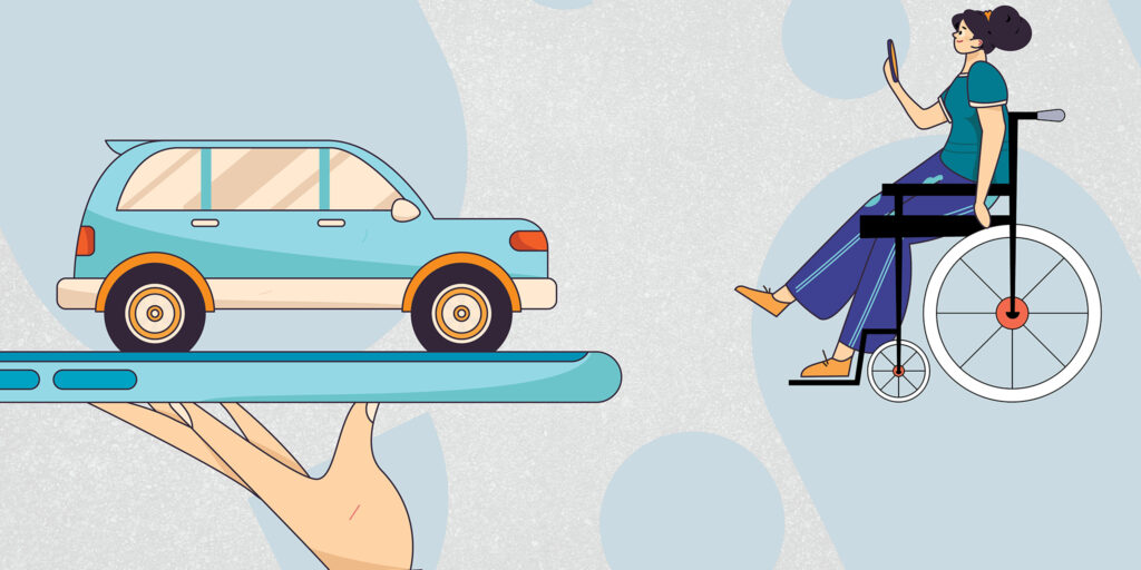 RIDE Hero Phone and Rider Illustration of a woman in a wheelchair using a cellphone and an accessible rideshare car served to her on a platter.