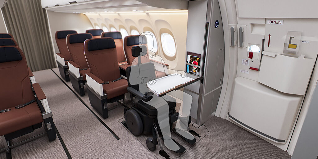 Photo of an airplane interior with a rendering of a passenger in a power wheelchair in a designated wheelchair spot in front of rows of seats.