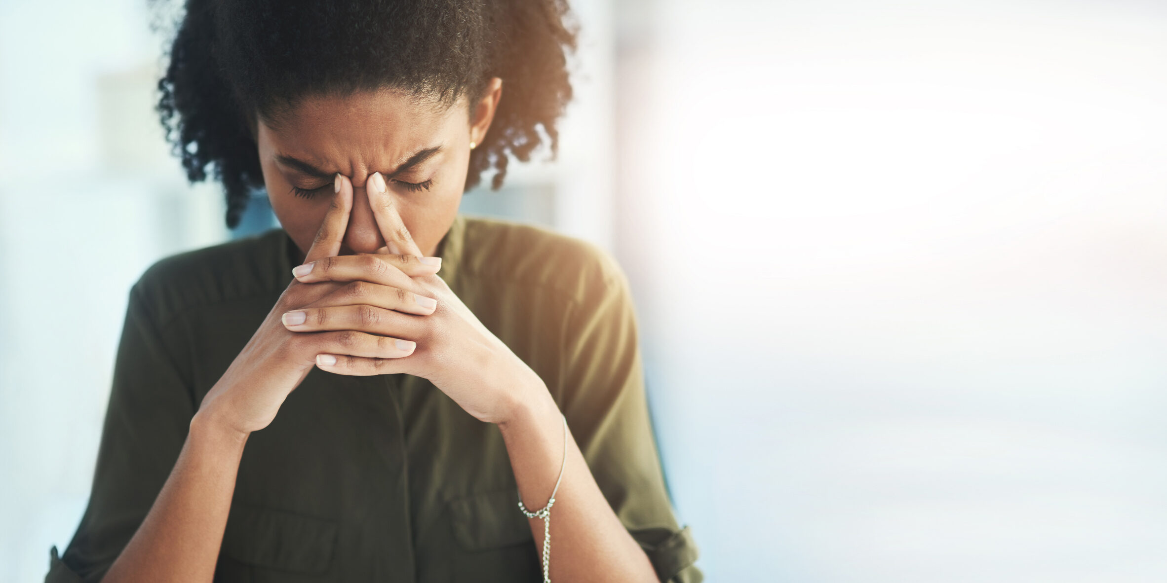 Mockup, business and black woman with stress, depression and mental health with burnout, overworked and deadline. Corporate, female employee and leader with headache, anxiety and schedule in office