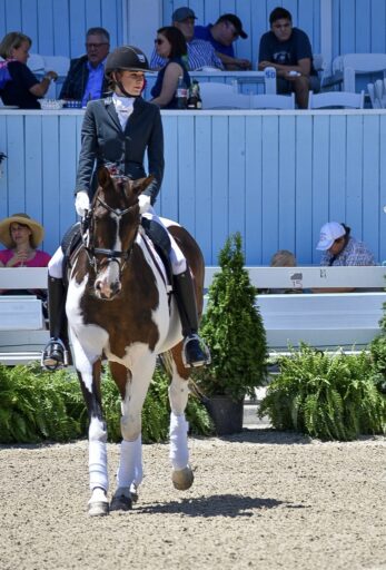 A young woman in equestrian gear rides a white and brown horse in a competition arena