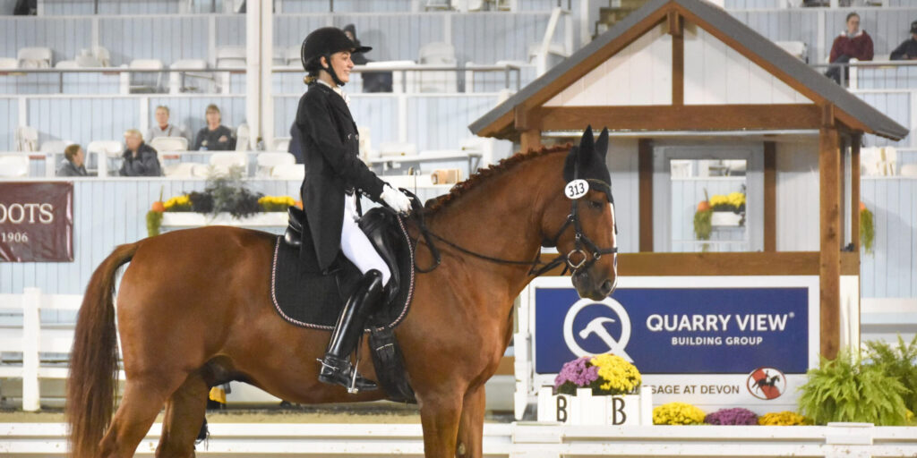 A woman in equestrian gear rides a horse at a competition