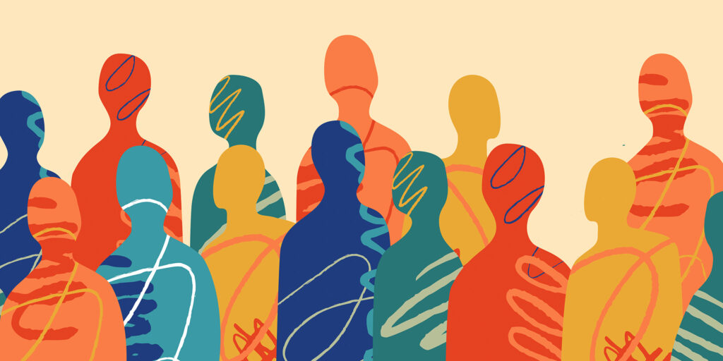 Illustration showing the figures of people in various colors and designs