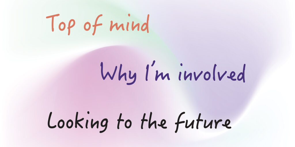 The words “Top of Mind”, “Why I’m Involved”, and “Looking to the Future” in an artistic font