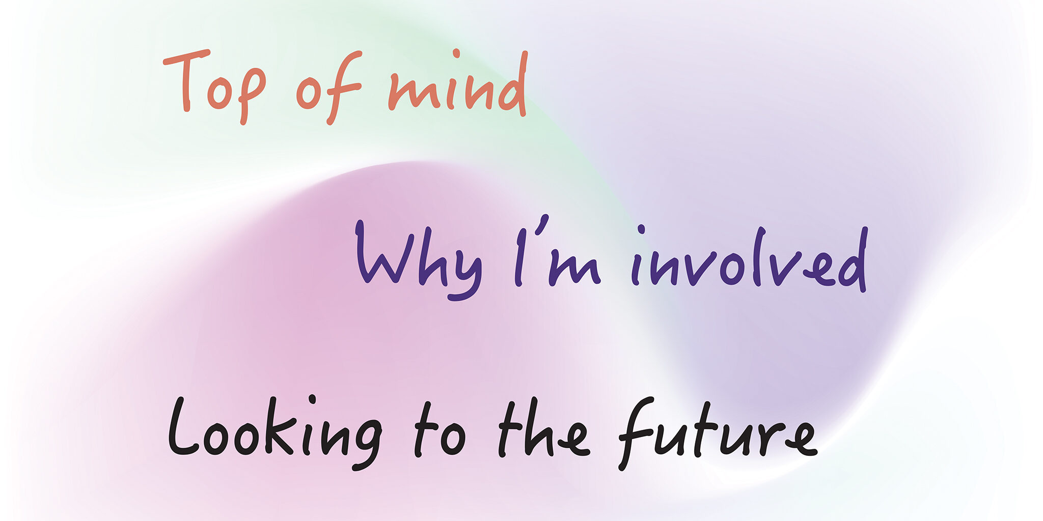 The words “Top of Mind”, “Why I’m Involved”, and “Looking to the Future” in an artistic font