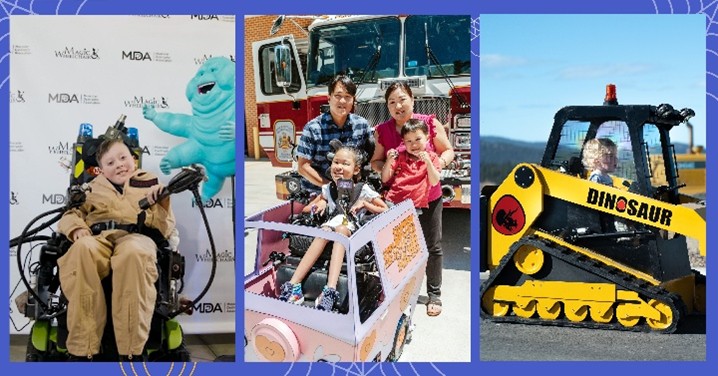 Reveals with previous sweepstakes winners from the Muscular Dystrophy Association and Magic Wheelchair collaboration. L to R: Carter as a Ghostbuster; Katherine as Velma in her Scooby Doo Mystery Machine; Mason hard at work in his dream dinosaur digger truck.