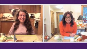 Side-by-side screenshot with Gabby DiSalvo on the left and TV talk show host Rachael Ray on the right, each in their home kitchens.