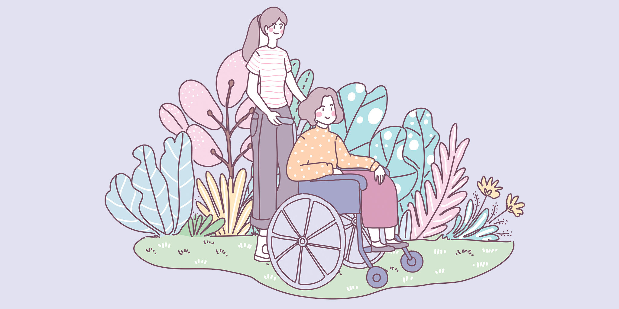 Illustration of a woman sitting in a wheelchair and a woman standing behind her with her hands on the push handles.