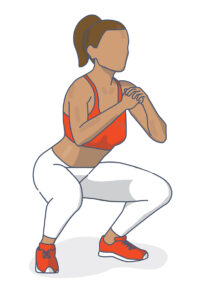 Illustration of a person in a squat position with their back straight and knees bent at a 90-degree angle.