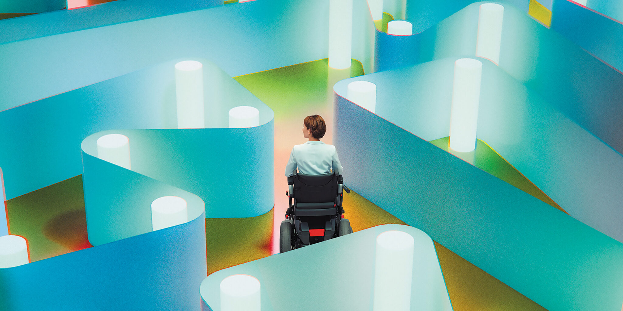 Man walking in abstract maze. 3D generated image.