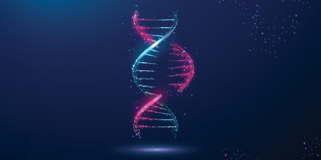 Illustration of a DNA double helix on a dark blue background