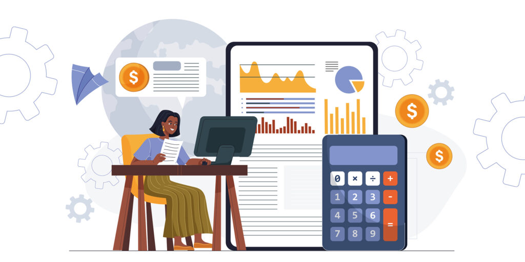 Illustration of a woman sitting at a computer desk, surrounded by charts and graphs, a calculator, and money symbols.