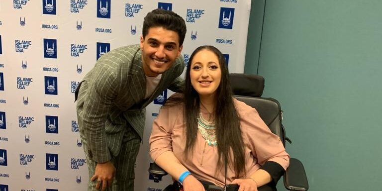 m With singer and performer Mohammed Assaf at a fundraiser event for Islamic Relief USA supporting Palestine in San Jose (October 2019)