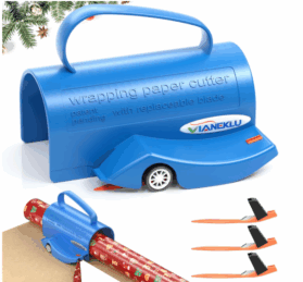 Wrapping paper cutter with wheels