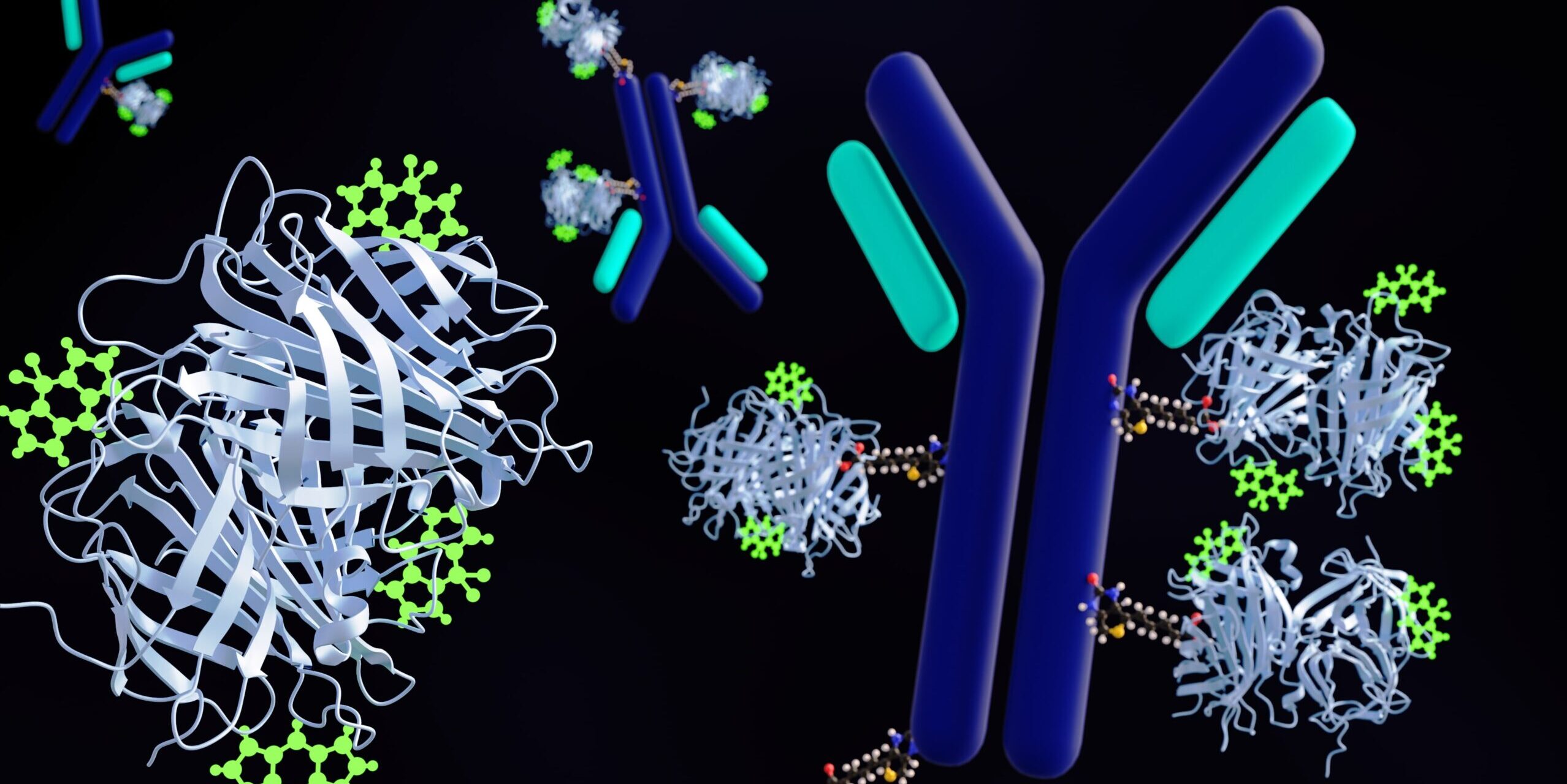 3D rendering of a biotinylated antibody linked to BODIPY molecules or bright green. This technique allows to visualize and track the antibody for targeted applications in medical research.