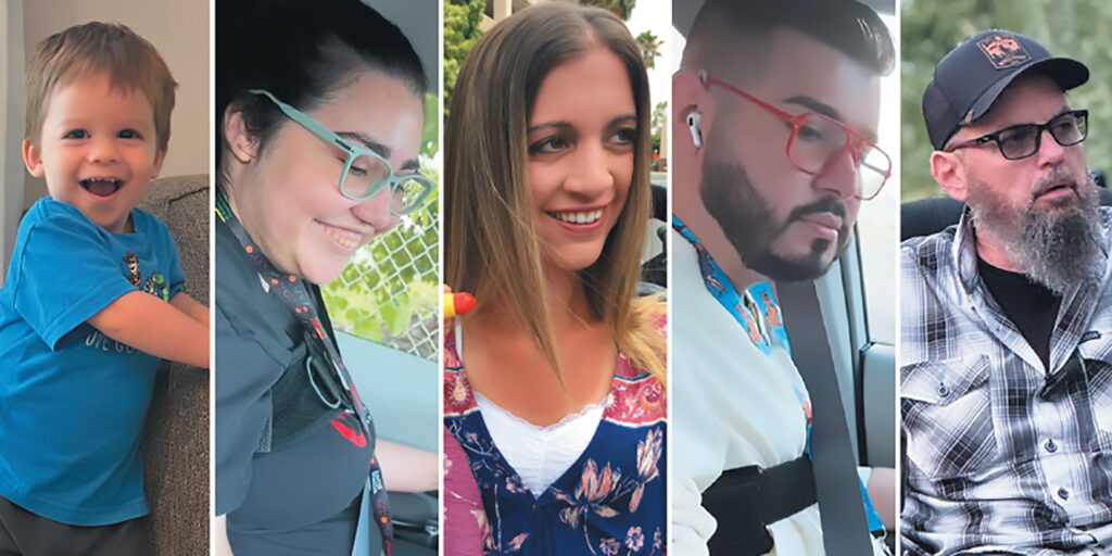Montage of five MDA community members who live with neuromuscular diseases.