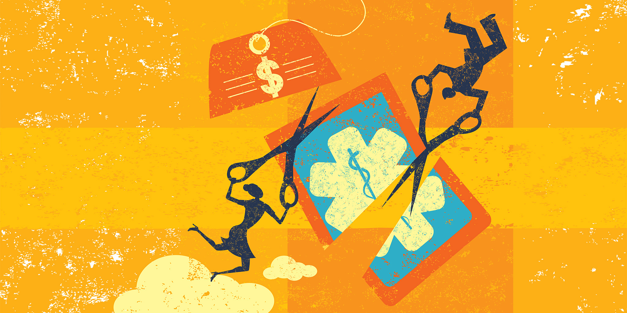 Illustration of figures using scissors to cut a medical price tag into three pieces.