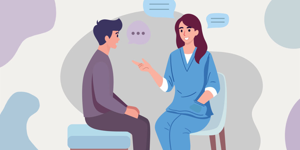 Illustration of a healthcare provider in scrubs talking with a patient sitting on an exam table.