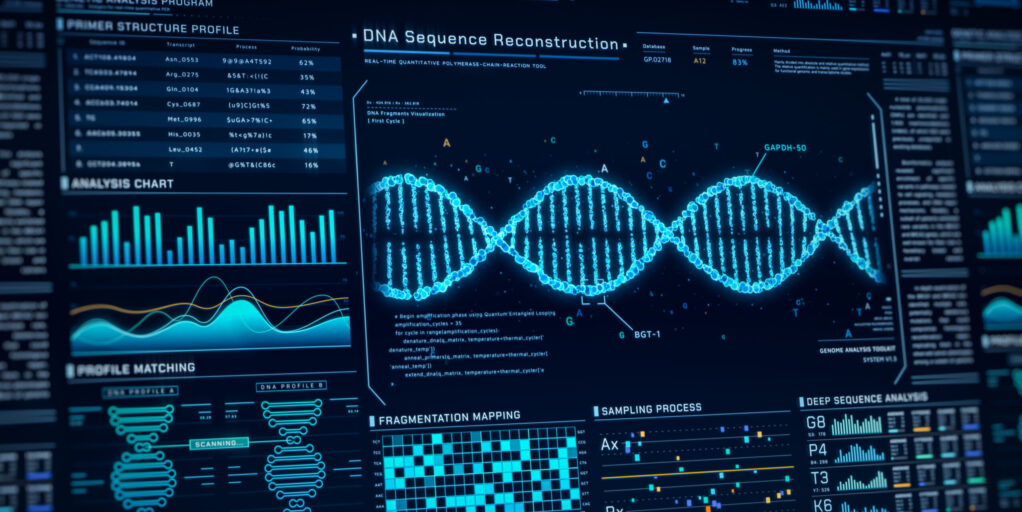 DNA Helix analysis visualization data, genome sequence ui screen, futuristic genetic engineering lab infographic interface, 3D biotechnology scan report dashboard, medical science technology backgound