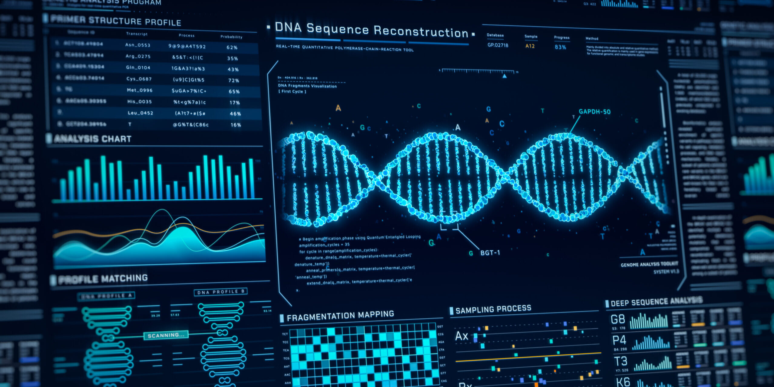 DNA Helix analysis visualization data, genome sequence ui screen, futuristic genetic engineering lab infographic interface, 3D biotechnology scan report dashboard, medical science technology backgound