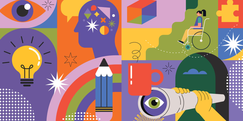 Bright color-block illustration of objects and people related to education and disabilities, including a lightbulb, pencil, eye, puzzle piece, and girl in a wheelchair.