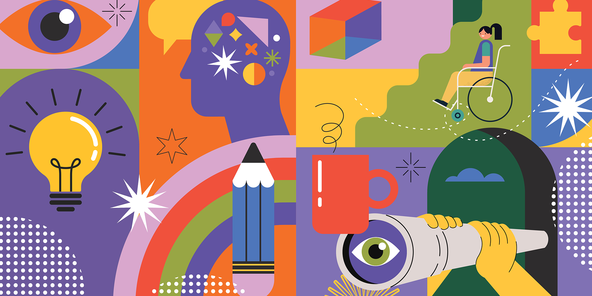 Bright color-block illustration of objects and people related to education and disabilities, including a lightbulb, pencil, eye, puzzle piece, and girl in a wheelchair.