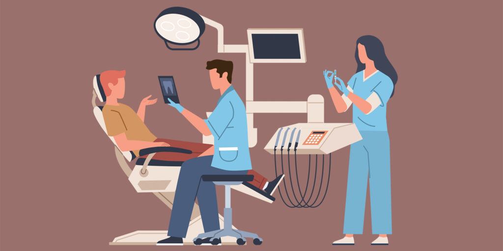 Illustration of people in a dental office, including a person in the exam chair, a provider holding a dental X-ray, and a providing preparing an injection.