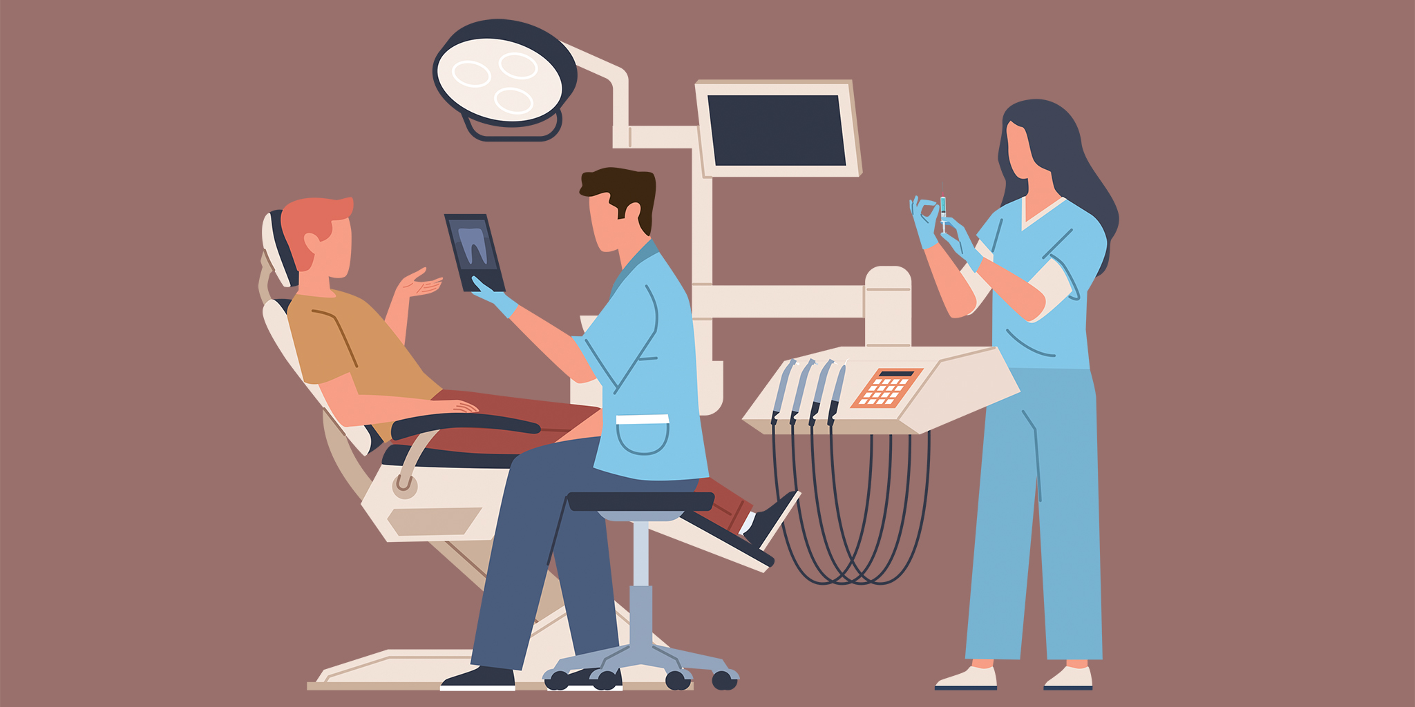 Illustration of people in a dental office, including a person in the exam chair, a provider holding a dental X-ray, and a providing preparing an injection.