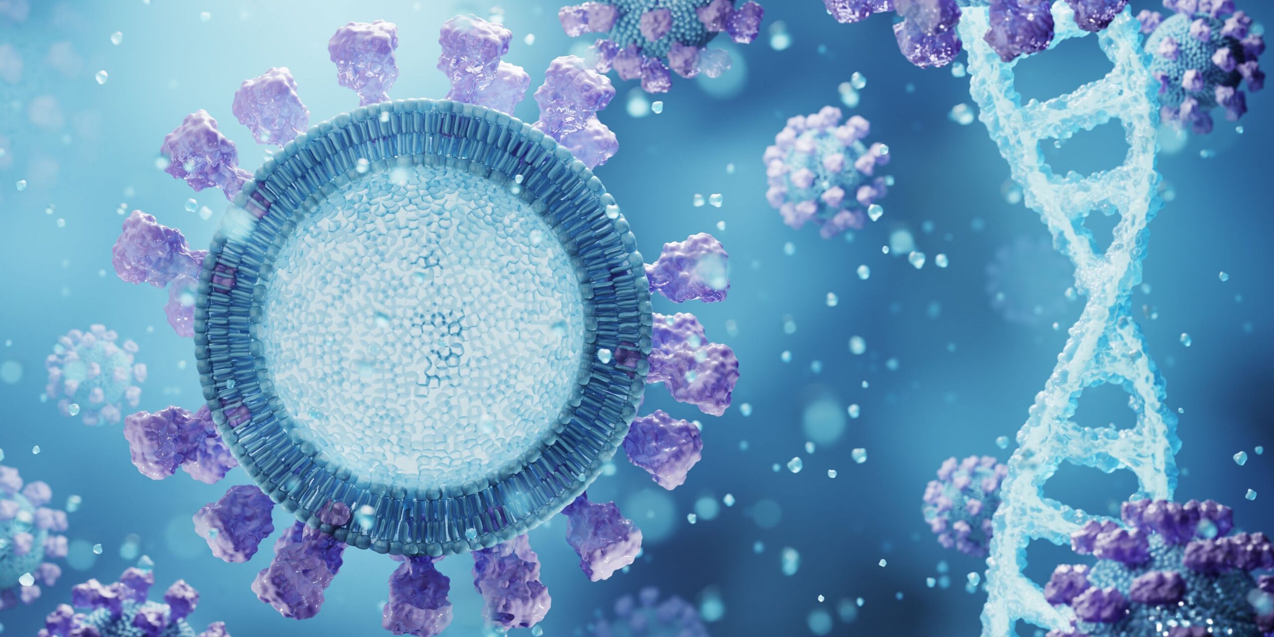 Close-up 3D rendering of a phospholipid structure in a blue and purple color scheme, showcasing molecular details and DNA strands.
