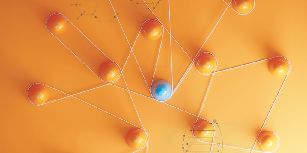 Orange and blue spheres connected by intersecting white threads form an abstract network on an orange background.