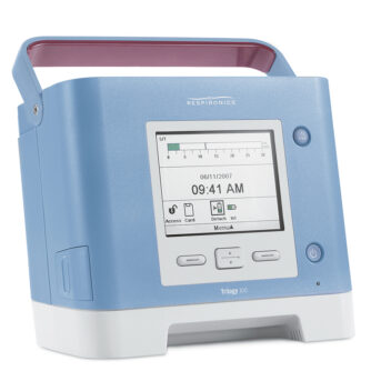 Volume-targeted ventilator device with a display screen, control buttons, and carrying handle.