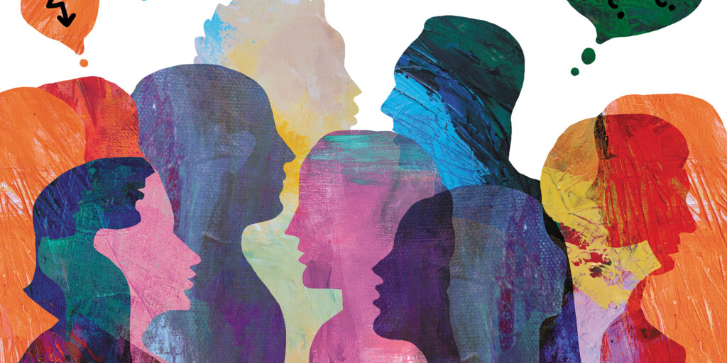 Colorful overlapping silhouettes of people in conversation, with speech and thought bubbles.