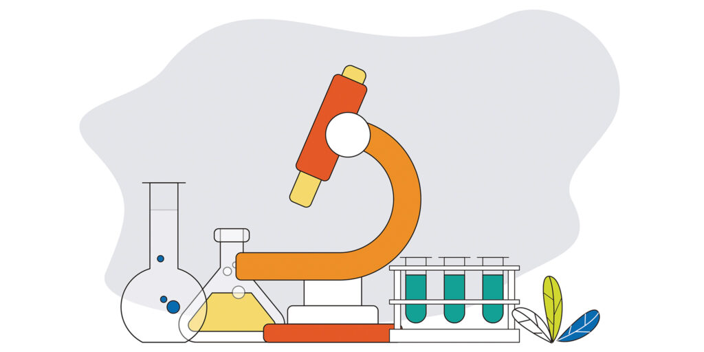 Illustration of lab equipment, including a microscope, test tubes, and beakers.