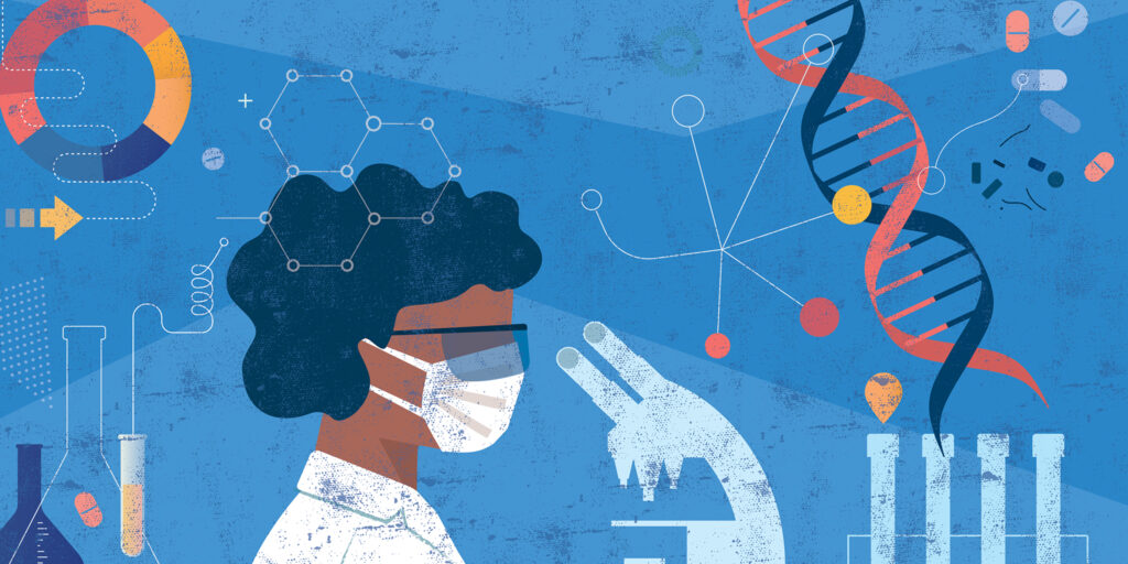 Illustration of a scientist in a mask examining a sample with a microscope amid DNA, molecules, and laboratory equipment.