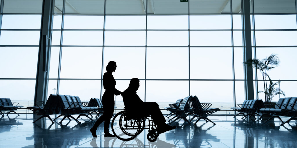Accessible Airport Travel. Pushing Handicapped Man Silhouette