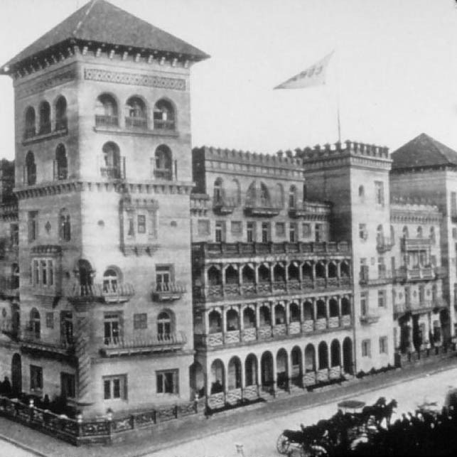 Historic black-and-white photo of the Casa Monica Resort & Spa.