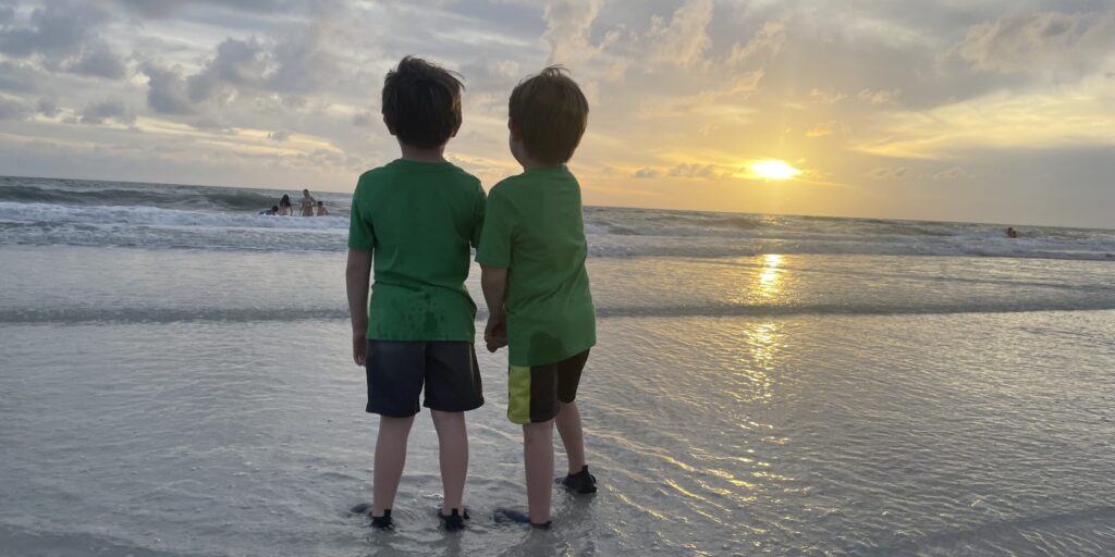 Two young boys stand with their backs to the camera, staring at the sun setting over the ocean